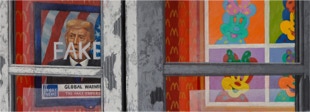 The Fake Profit, shaped triptych painting by Paul Critchley, detail