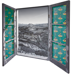 The Fake Profit, shaped triptych painting by Paul Critchley, open