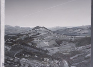 The Fake Profit, shaped triptych painting by Paul Critchley, detail